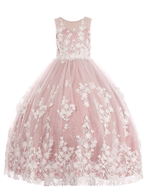 Little Girls Mauve 3D Floral Applique Lace Sequin Flower Girl Dress 2-6 - SophiasStyle.com